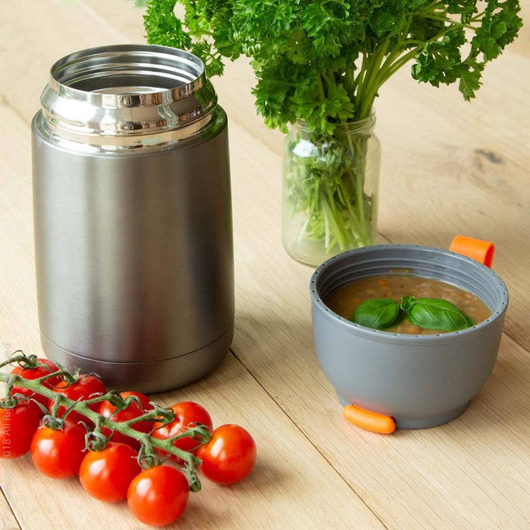 eSeasons Vakuum isolierter Thermobehälter Lebensmittelfoto appetitliche Linsensuppe, Tomaten