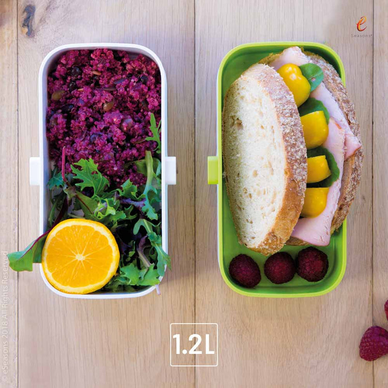 Traumhaftes Lebensmittelfoto: eSeasons Bento Vesperbox Grün mit appetitlichem Mittagessen aus Linsen, Salat, belegtem Brot