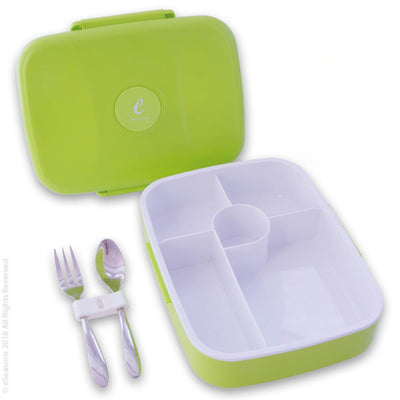 eSeasons Bento 5 Compartment Lunchbox Green with stainless cutlery, for adults & kids, microwave & dishwasher safe BPA free Parts view