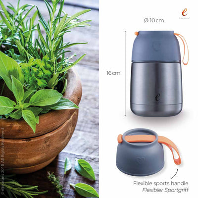 eSeasons Vacuum Insulated Stainless Steel Food Flask 430ml. Grey & Orange. Sizing Information, flexible sports handle.